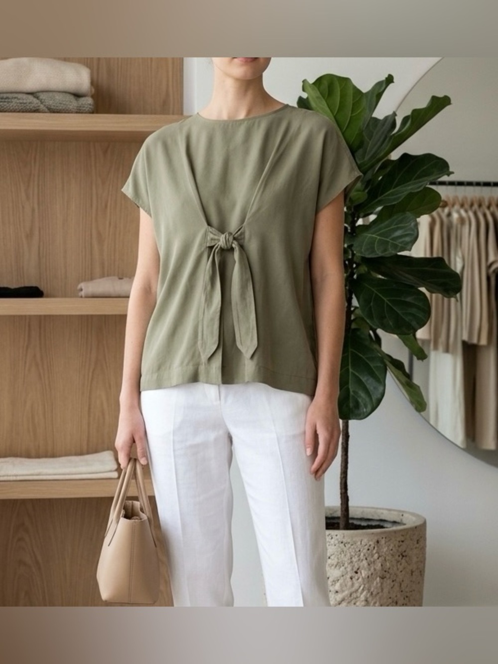 Natori Olive Green Tie Front Knot Blouse Quiet Luxury Resortwear Size S/M Boho
